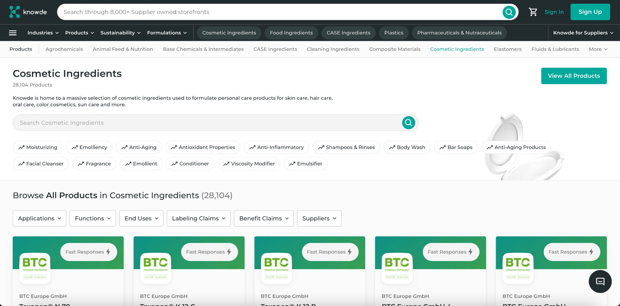 Cosmetic Ingredients category page with dynamic search pills