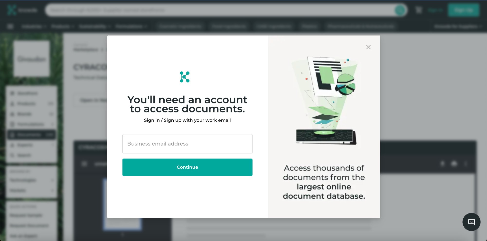 Knowde paywall gate — the sign-up prompt shown to anonymous buyers