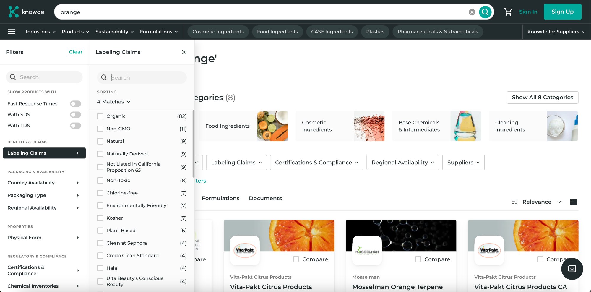 Expanded labeling claims filter showing faceted options