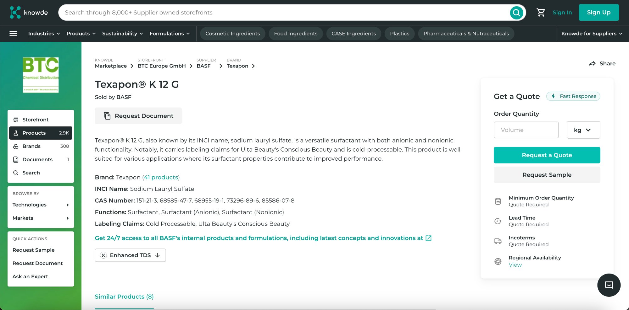 Knowde product detail page — Texapon K 12 G by BASF