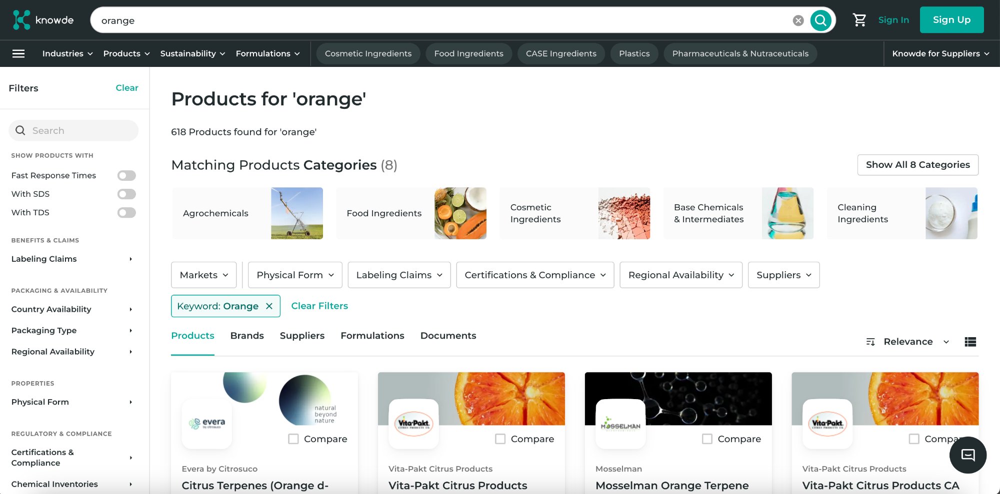 Knowde search results page with faceted filters